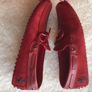 Tod’s Ferrari red leather and suede loafers